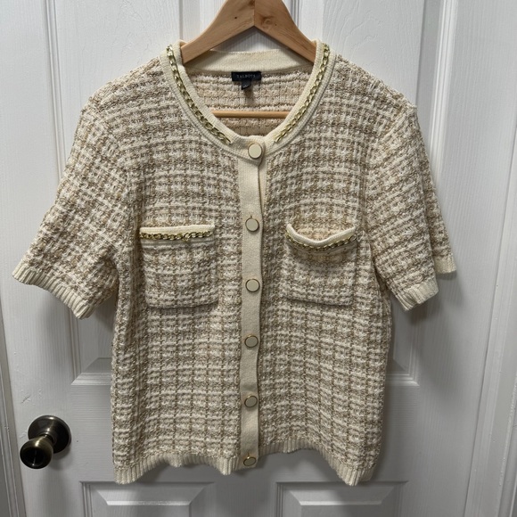 Talbots Ivory Metallic Jacquard Chain Trim Knit Short Sleeve Cardigan, Large - Picture 2 of 9
